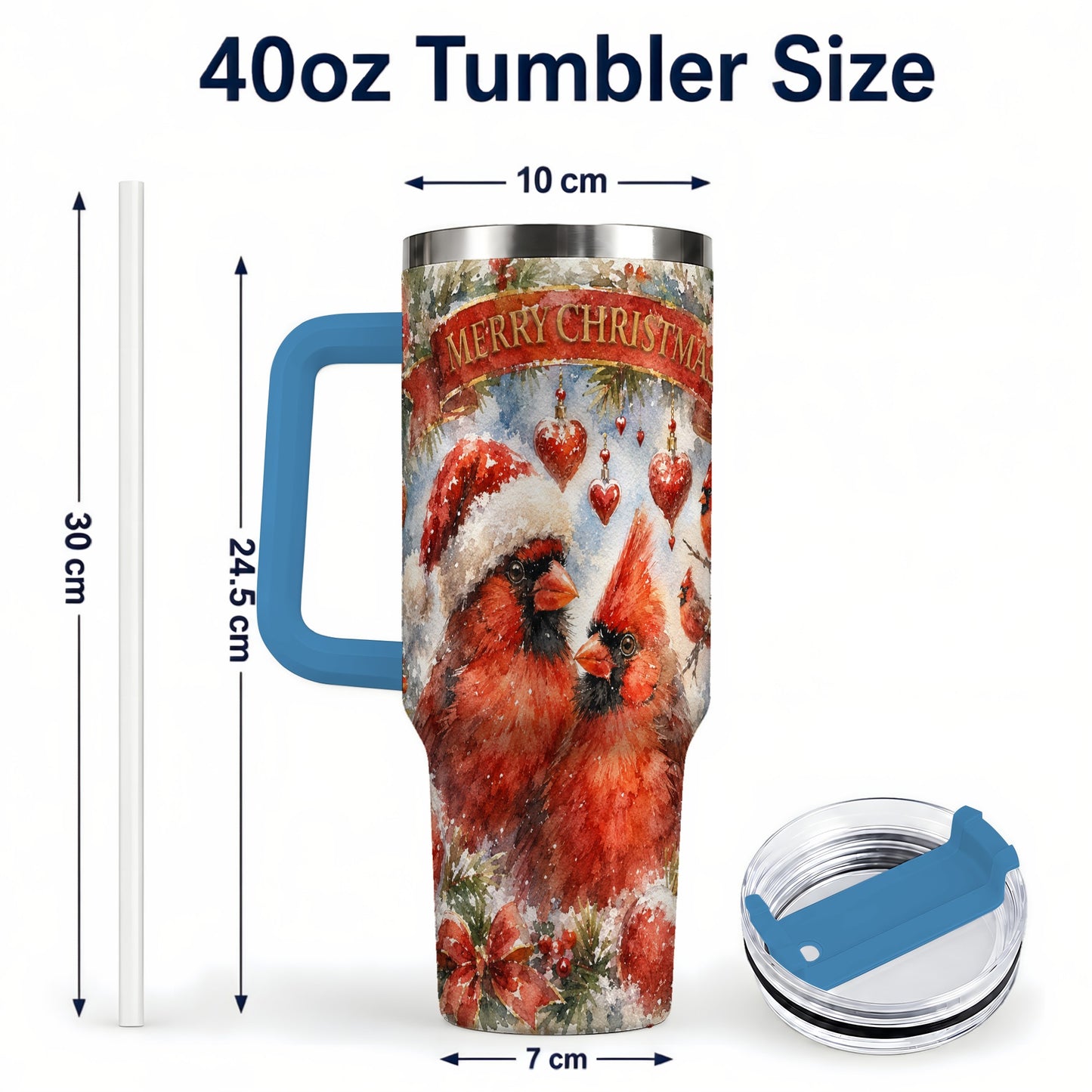 #pl[40oz|Blue] Christmas Cardinals 40oz Tumbler with Handle, Winter Bird Travel Cup
