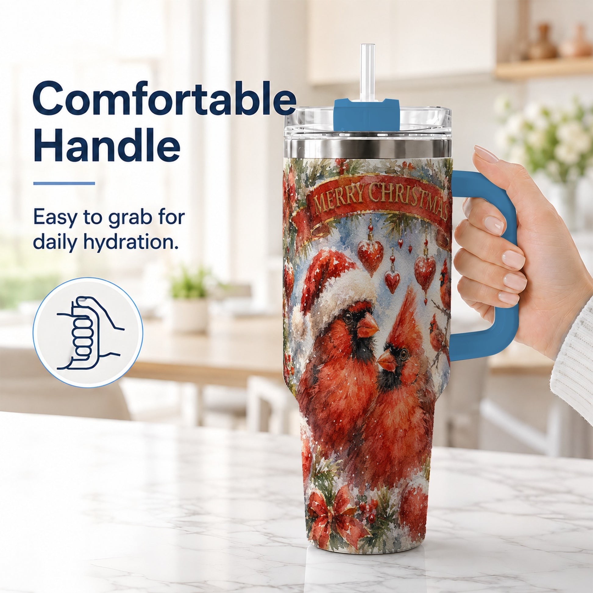 #pl[40oz|Blue] Christmas Cardinals 40oz Tumbler with Handle, Winter Bird Travel Cup