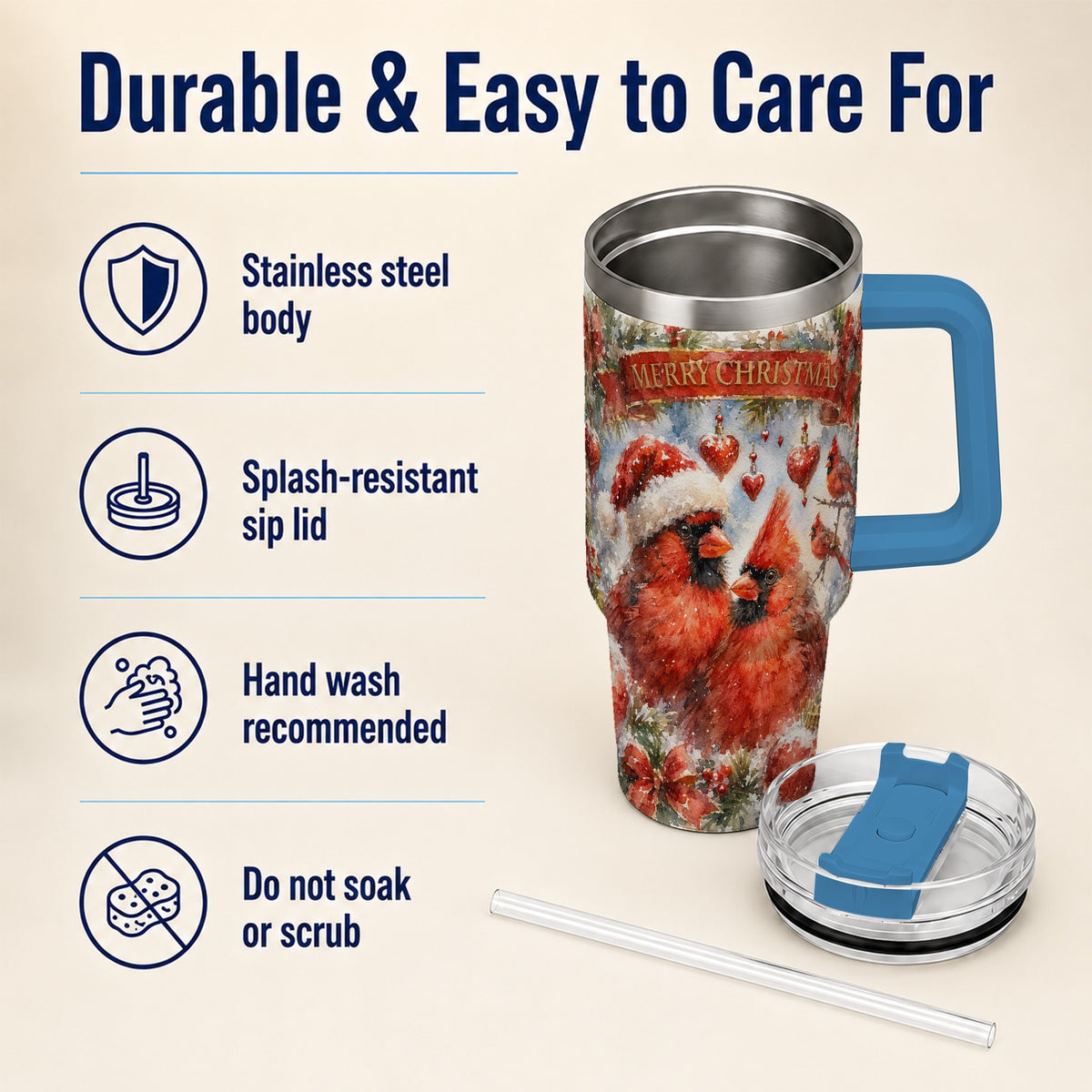 #pl[40oz|Blue] Christmas Cardinals 40oz Tumbler with Handle, Winter Bird Travel Cup