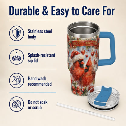 #pl[40oz|Blue] Christmas Cardinals 40oz Tumbler with Handle, Winter Bird Travel Cup