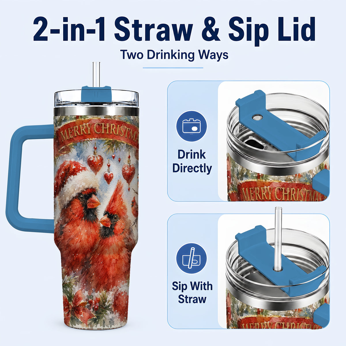 #pl[40oz|Blue] Christmas Cardinals 40oz Tumbler with Handle, Winter Bird Travel Cup