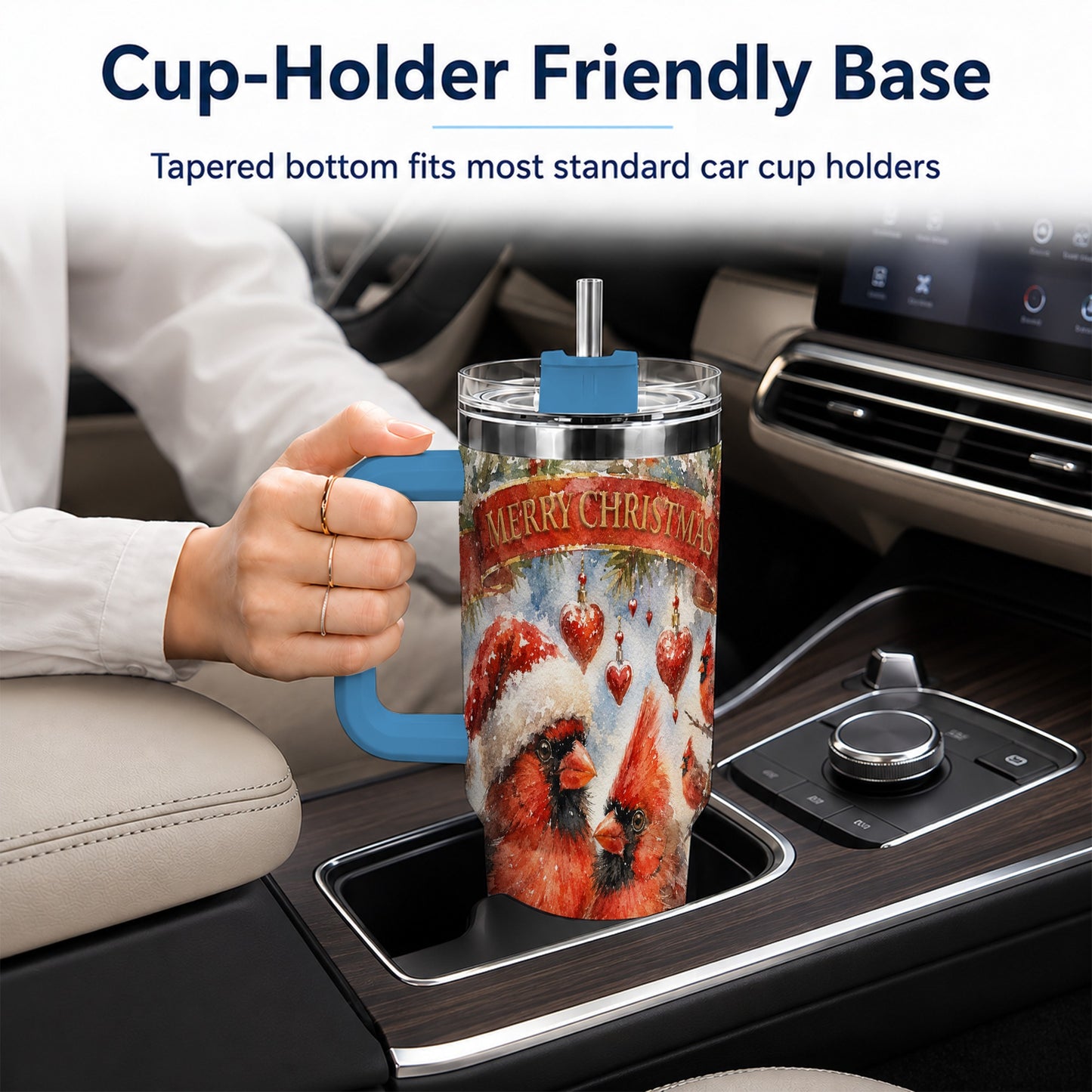 #pl[40oz|Blue] Christmas Cardinals 40oz Tumbler with Handle, Winter Bird Travel Cup