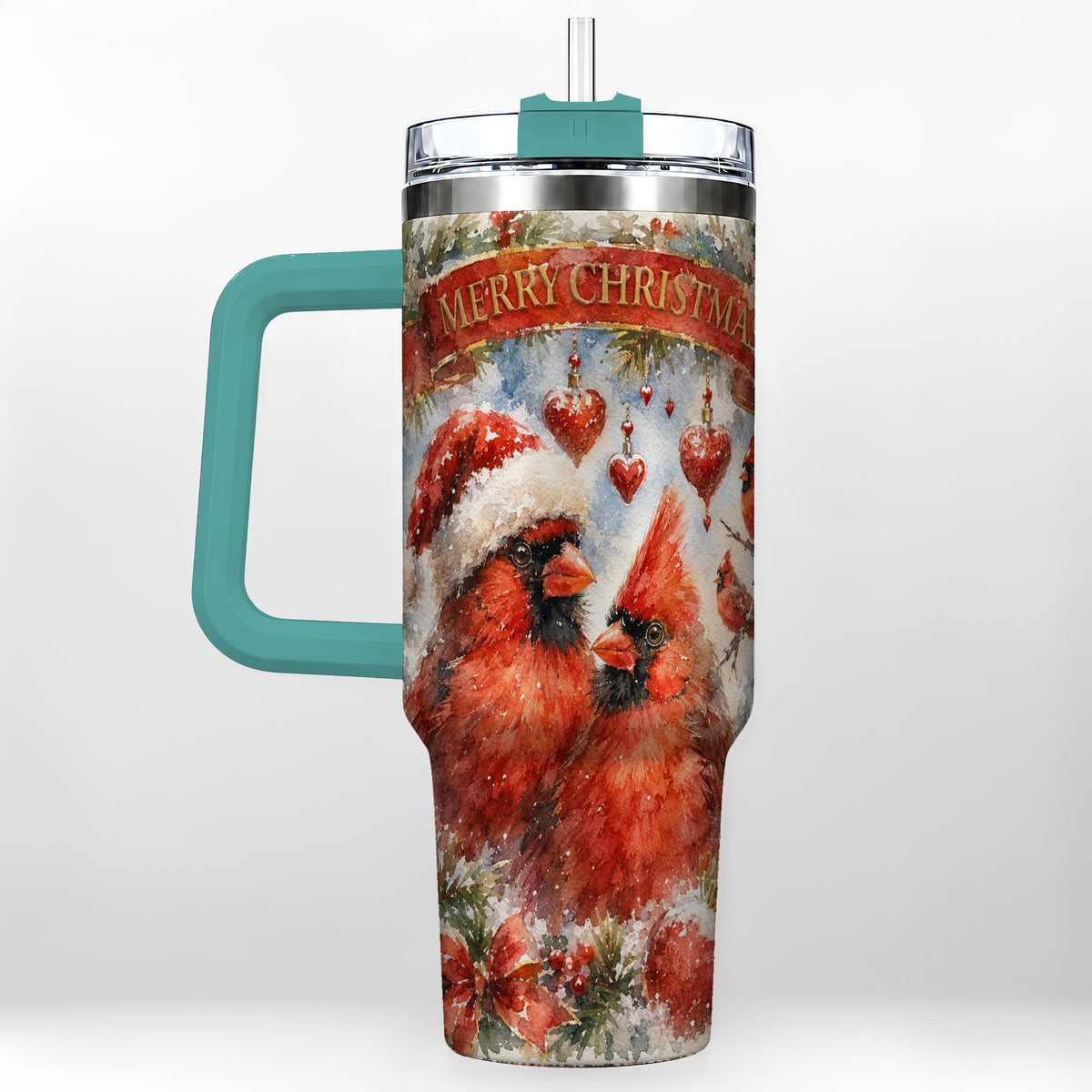 #pl[40oz|Green] Christmas Cardinals 40oz Tumbler with Handle, Winter Bird Travel Cup