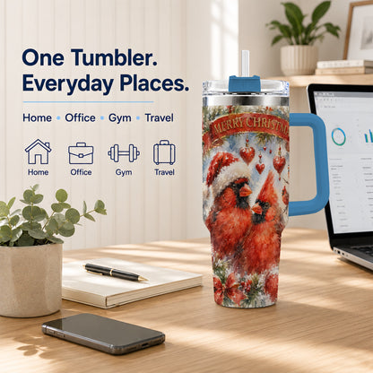 #pl[40oz|Blue] Christmas Cardinals 40oz Tumbler with Handle, Winter Bird Travel Cup