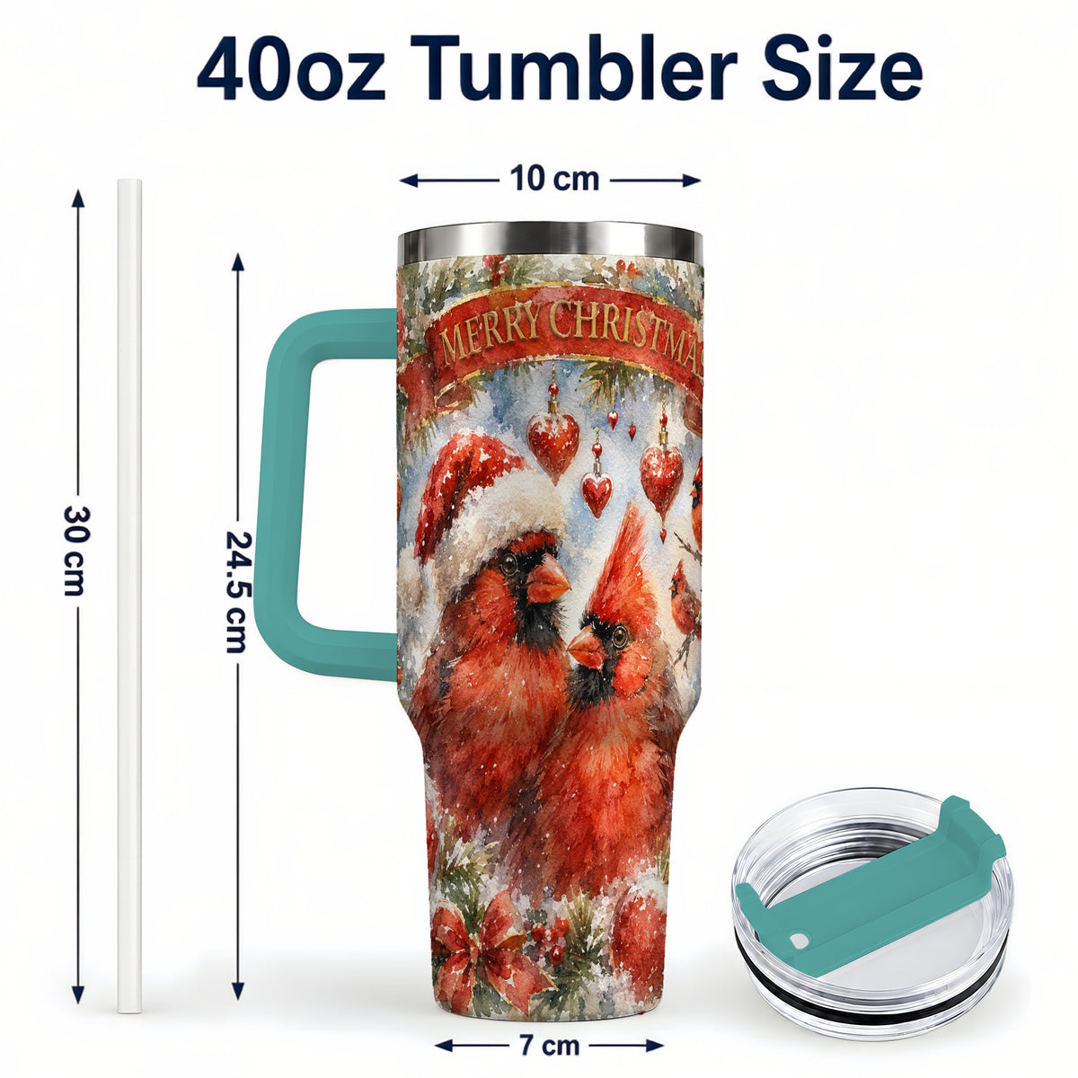 #pl[40oz|Green] Christmas Cardinals 40oz Tumbler with Handle, Winter Bird Travel Cup