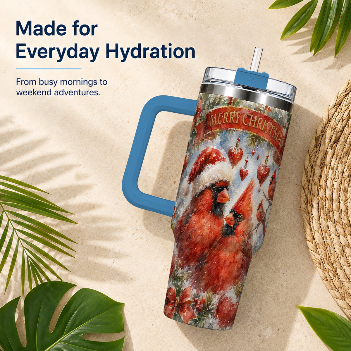 #pl[40oz|Blue] Christmas Cardinals 40oz Tumbler with Handle, Winter Bird Travel Cup