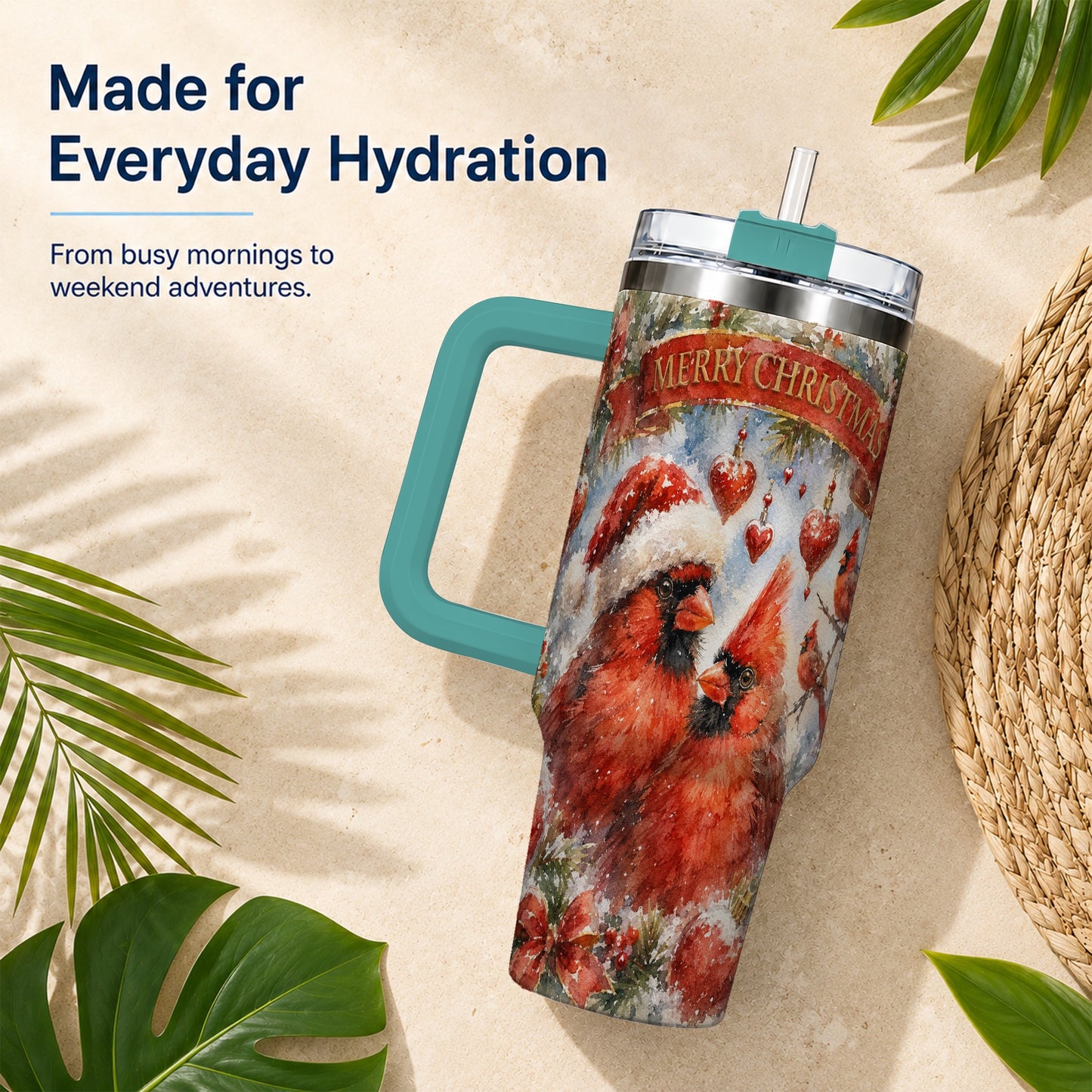 #pl[40oz|Green] Christmas Cardinals 40oz Tumbler with Handle, Winter Bird Travel Cup