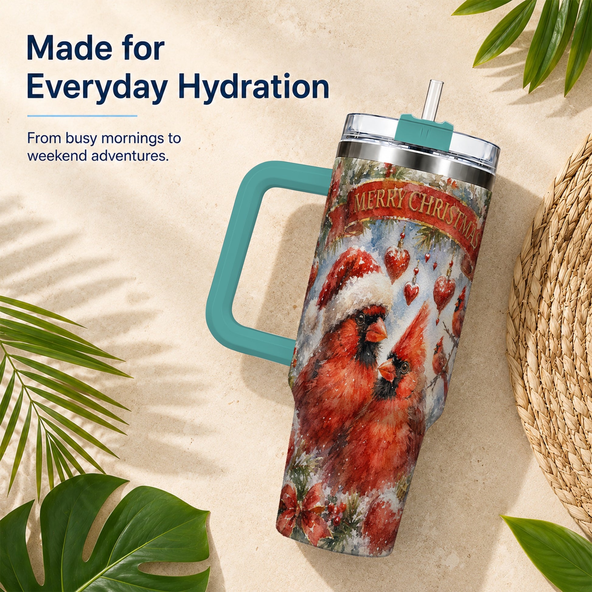 #pl[40oz|Green] Christmas Cardinals 40oz Tumbler with Handle, Winter Bird Travel Cup