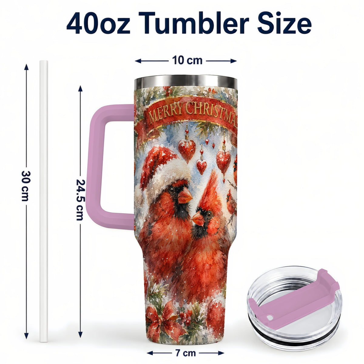 #pl[40oz|Pink] Christmas Cardinals 40oz Tumbler with Handle, Winter Bird Travel Cup