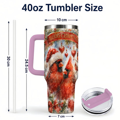 #pl[40oz|Pink] Christmas Cardinals 40oz Tumbler with Handle, Winter Bird Travel Cup