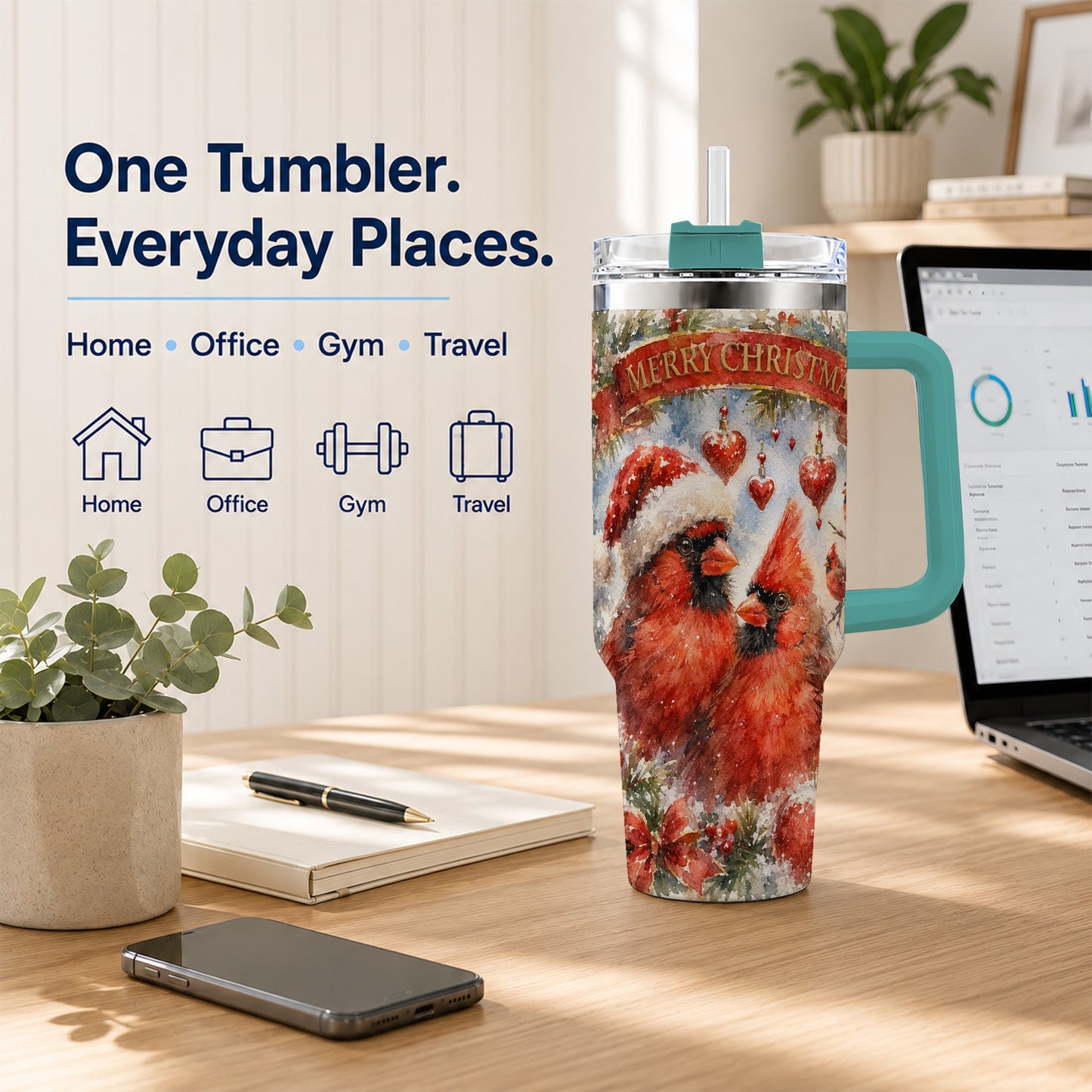 #pl[40oz|Green] Christmas Cardinals 40oz Tumbler with Handle, Winter Bird Travel Cup