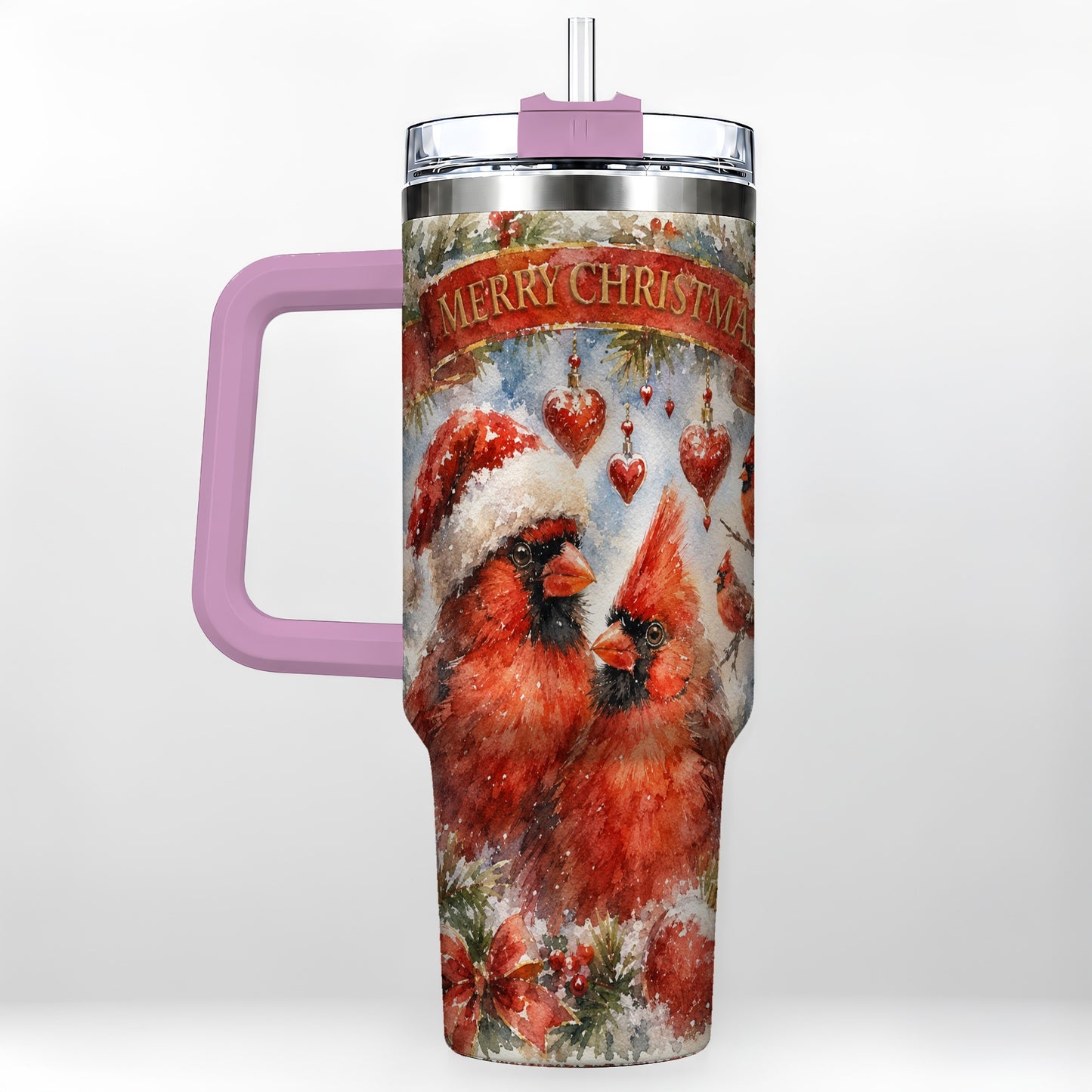 #pl[40oz|Pink] Christmas Cardinals 40oz Tumbler with Handle, Winter Bird Travel Cup