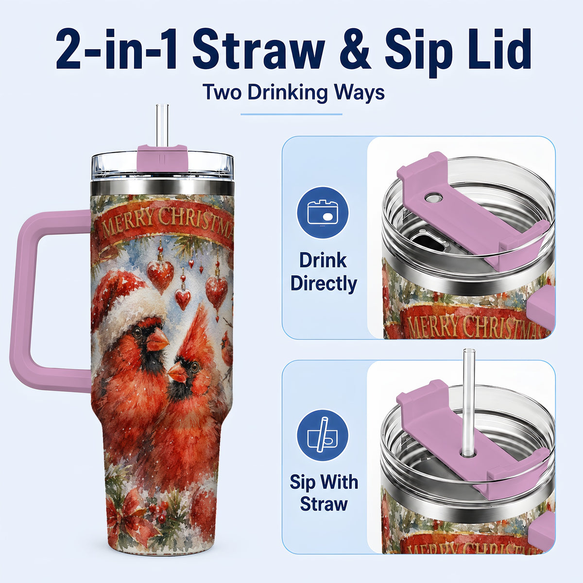 #pl[40oz|Pink] Christmas Cardinals 40oz Tumbler with Handle, Winter Bird Travel Cup