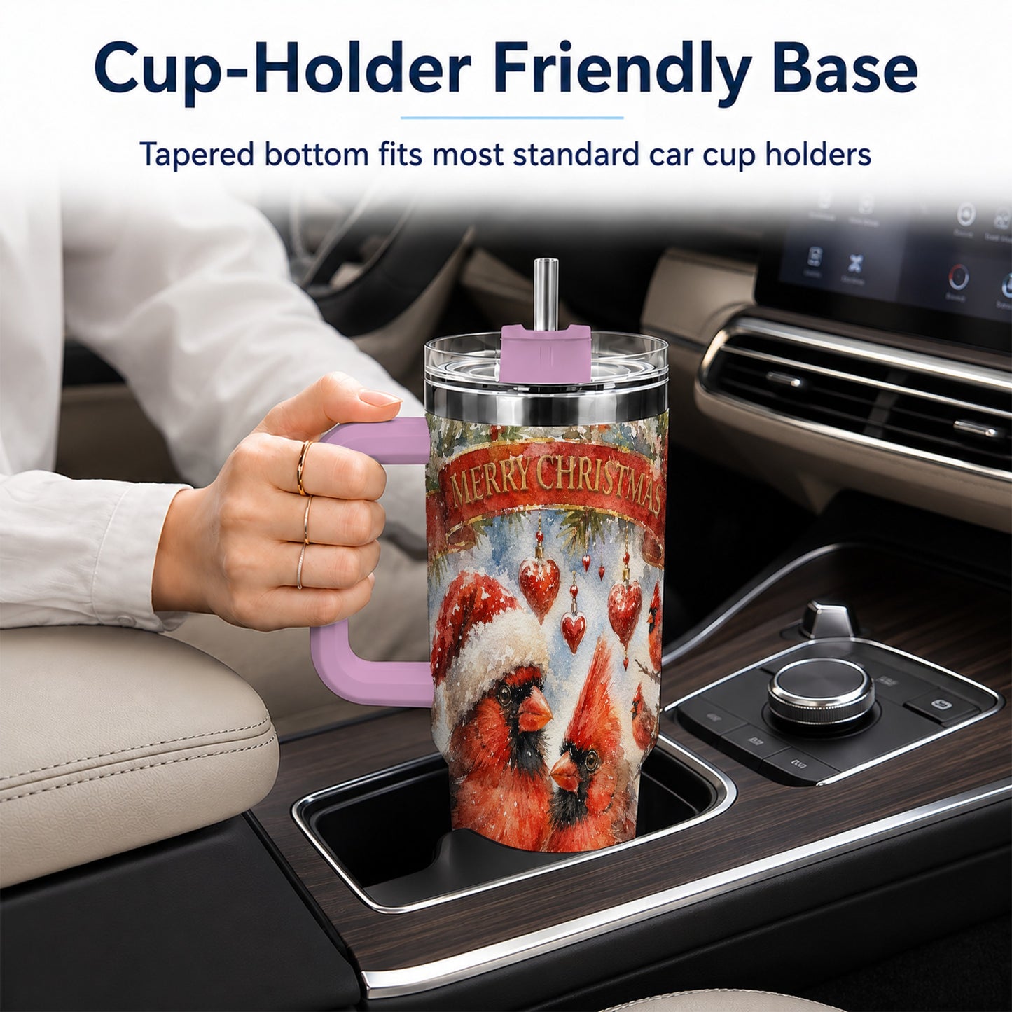 #pl[40oz|Pink] Christmas Cardinals 40oz Tumbler with Handle, Winter Bird Travel Cup