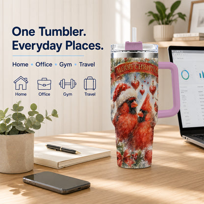 #pl[40oz|Pink] Christmas Cardinals 40oz Tumbler with Handle, Winter Bird Travel Cup
