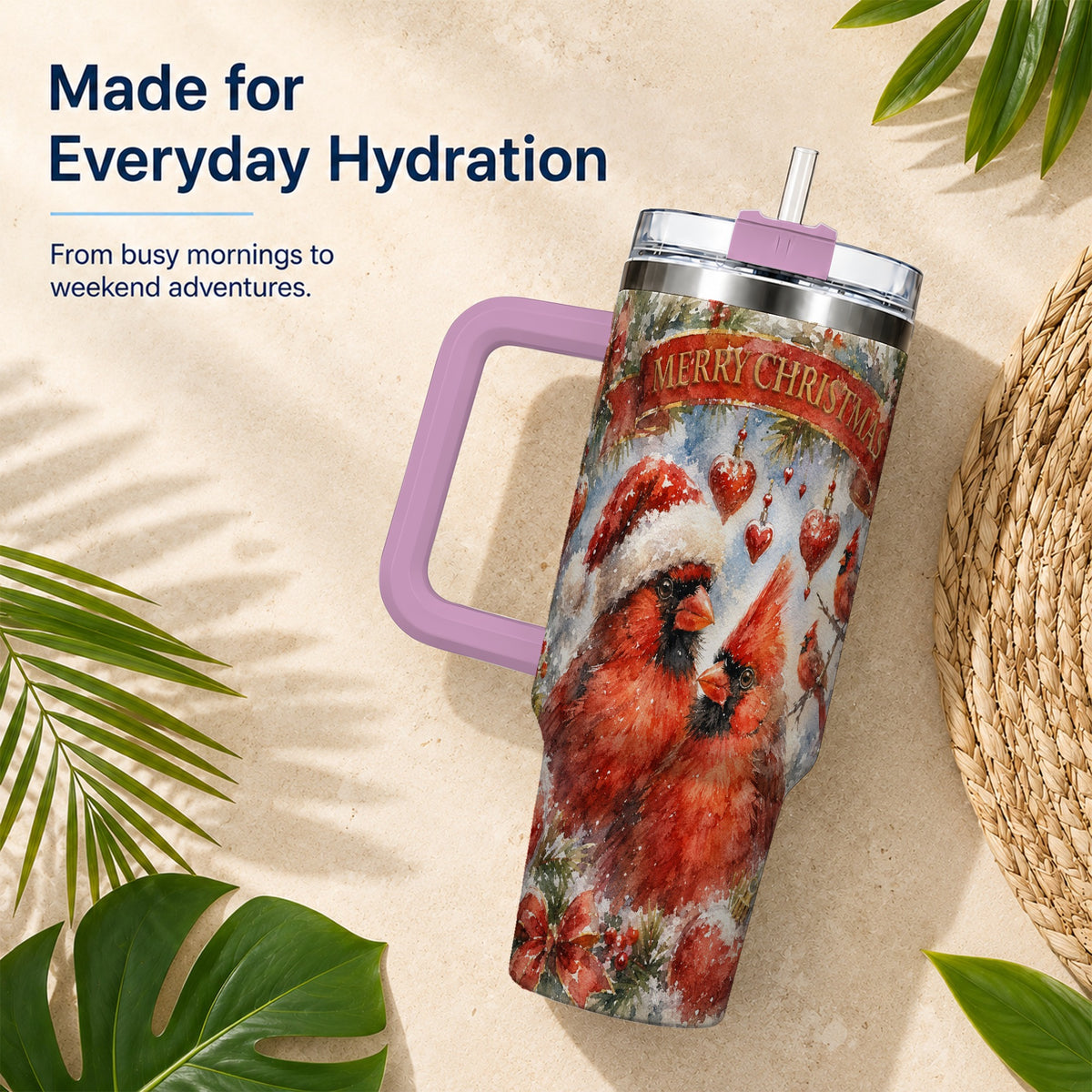#pl[40oz|Pink] Christmas Cardinals 40oz Tumbler with Handle, Winter Bird Travel Cup