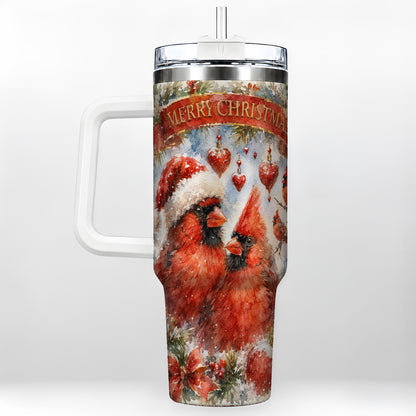 Christmas Cardinals 40oz Tumbler with Handle, Winter Bird Travel Cup