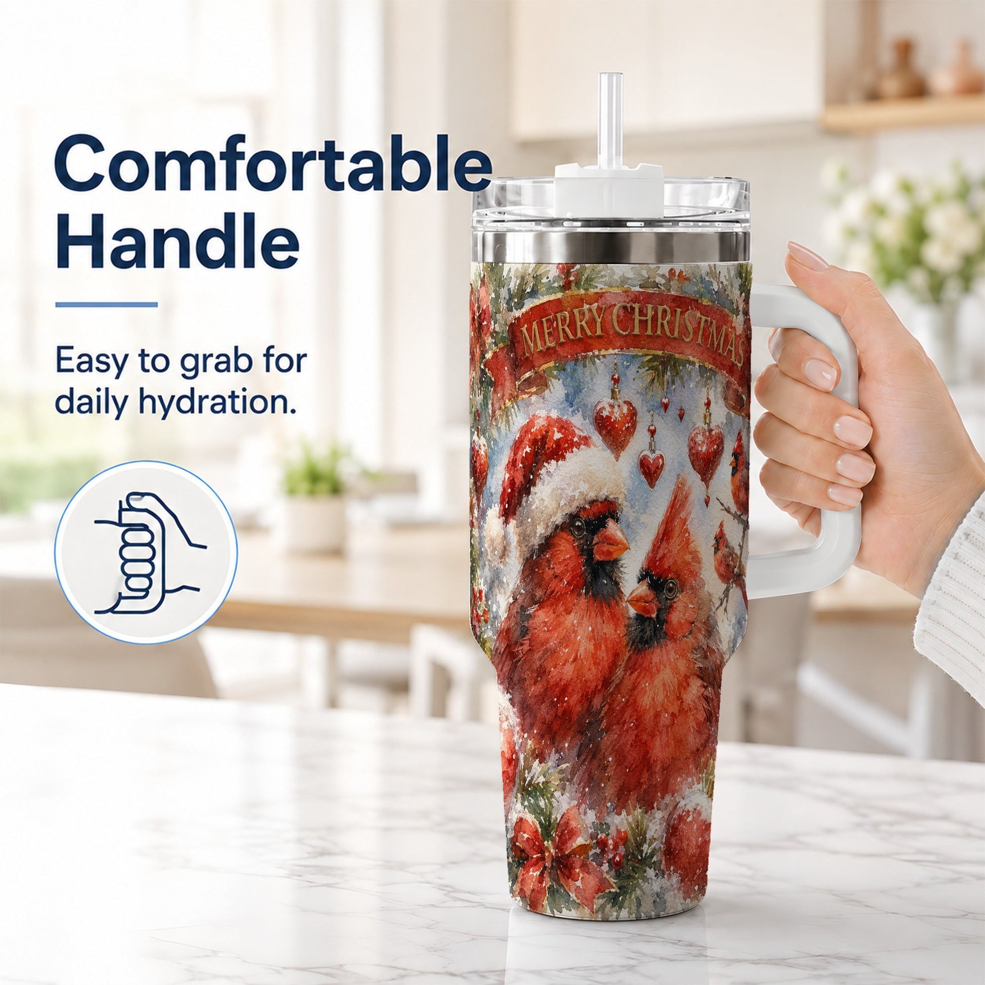 #pl[40oz|White] Christmas Cardinals 40oz Tumbler with Handle, Winter Bird Travel Cup