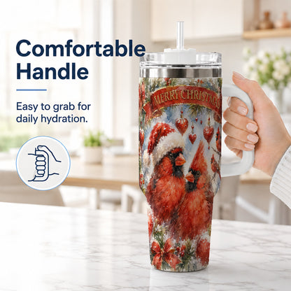 #pl[40oz|White] Christmas Cardinals 40oz Tumbler with Handle, Winter Bird Travel Cup