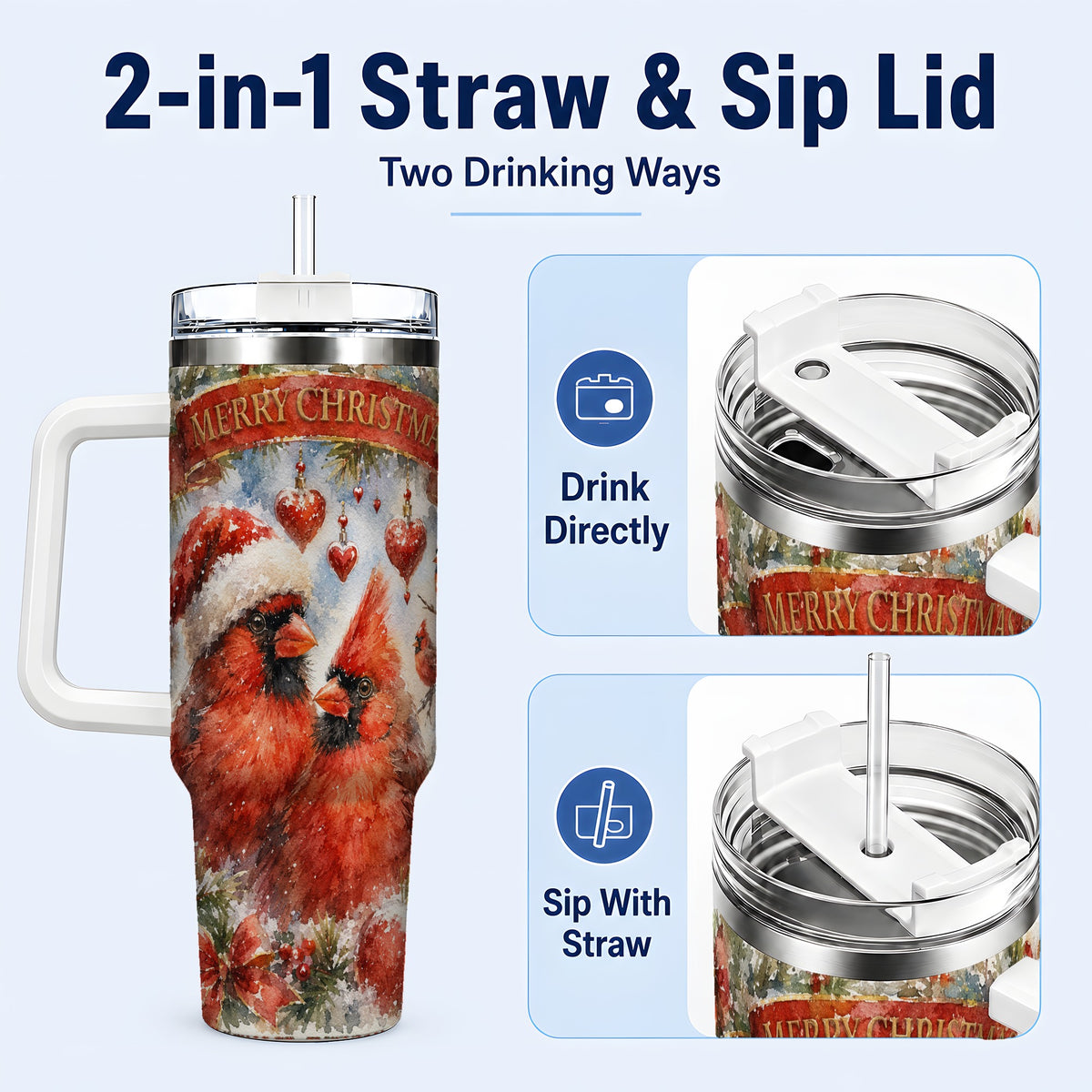 #pl[40oz|White] Christmas Cardinals 40oz Tumbler with Handle, Winter Bird Travel Cup