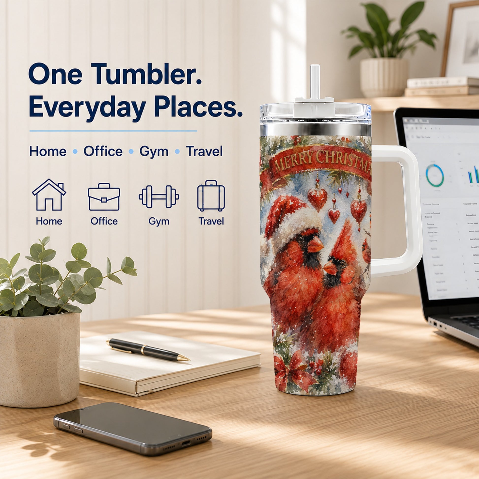 #pl[40oz|White] Christmas Cardinals 40oz Tumbler with Handle, Winter Bird Travel Cup