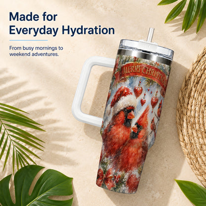 #pl[40oz|White] Christmas Cardinals 40oz Tumbler with Handle, Winter Bird Travel Cup