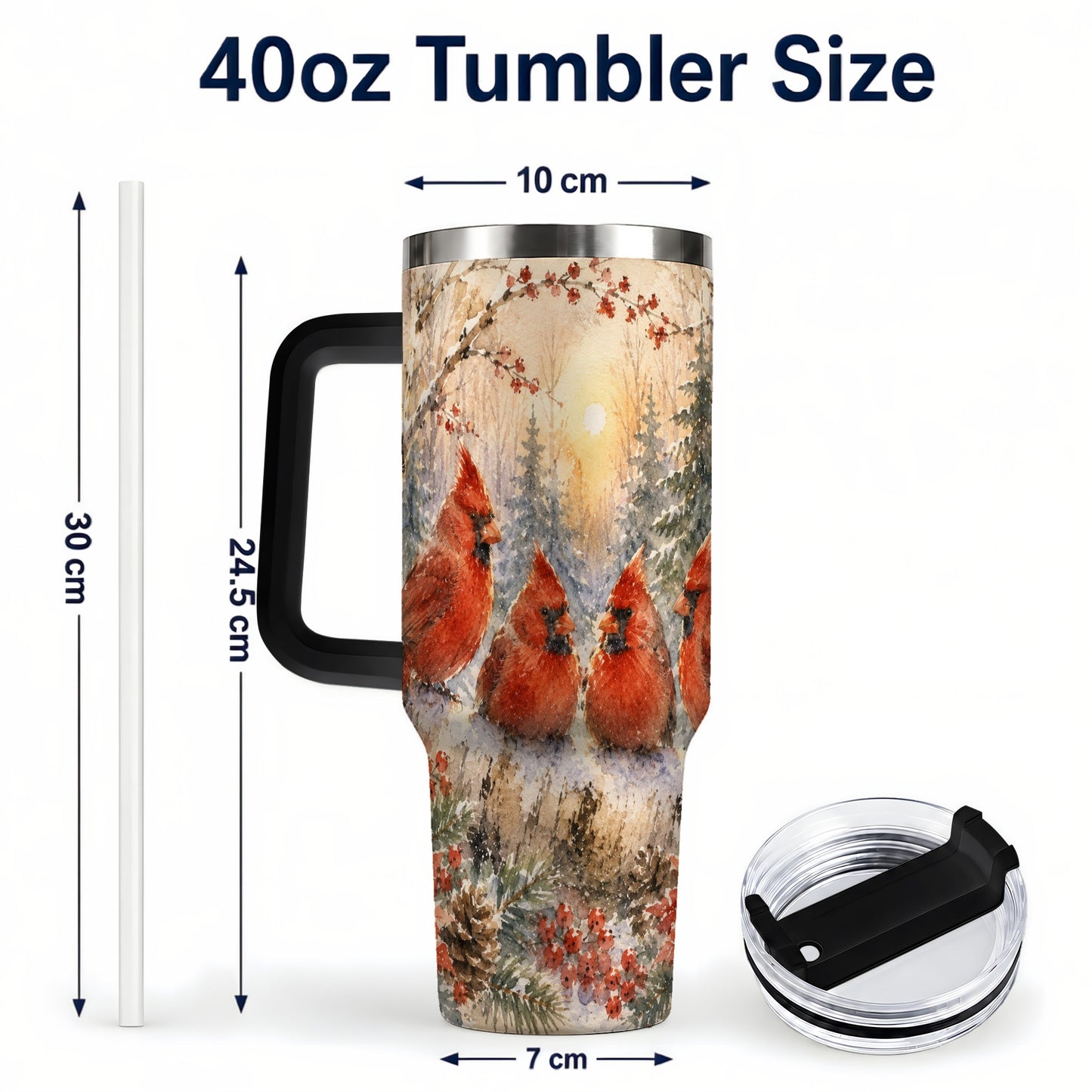 #pl[40oz|Black] Winter Cardinal 40oz Tumbler with Handle, Red Bird Travel Cup