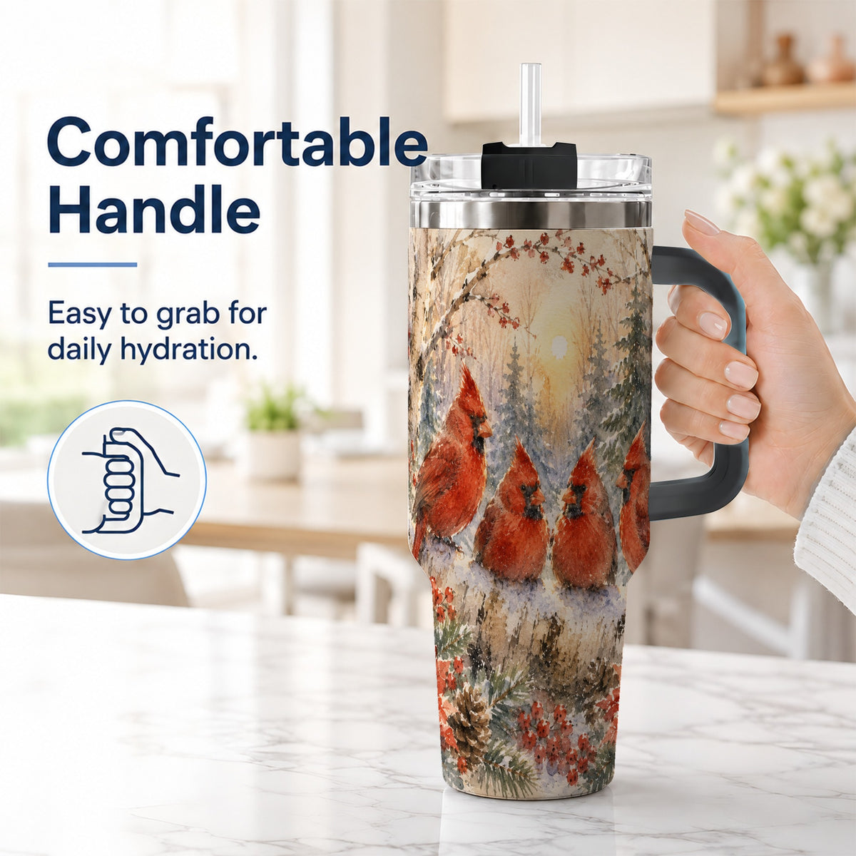 #pl[40oz|Black] Winter Cardinal 40oz Tumbler with Handle, Red Bird Travel Cup
