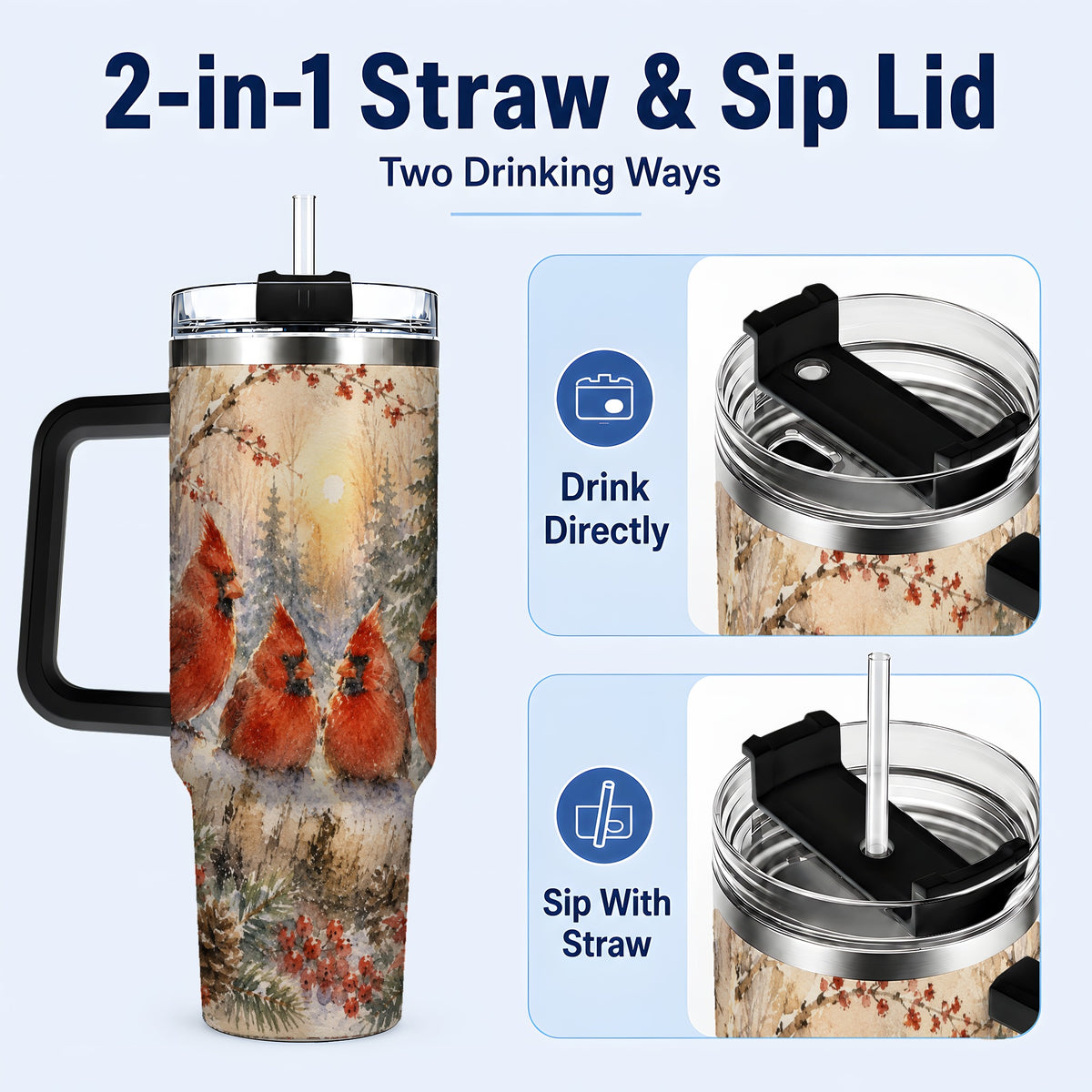 #pl[40oz|Black] Winter Cardinal 40oz Tumbler with Handle, Red Bird Travel Cup