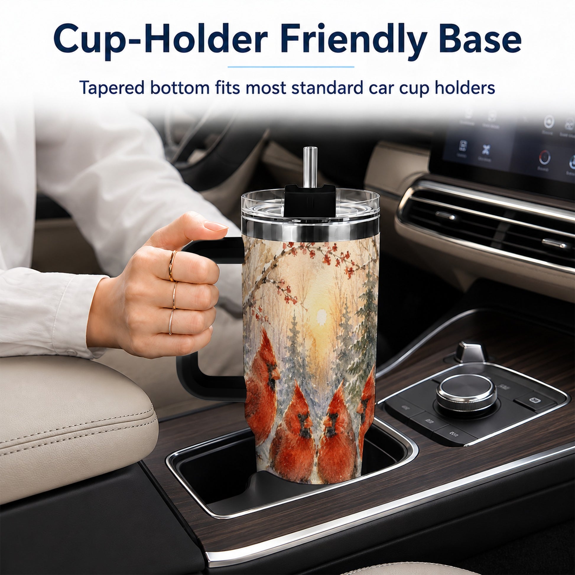 #pl[40oz|Black] Winter Cardinal 40oz Tumbler with Handle, Red Bird Travel Cup