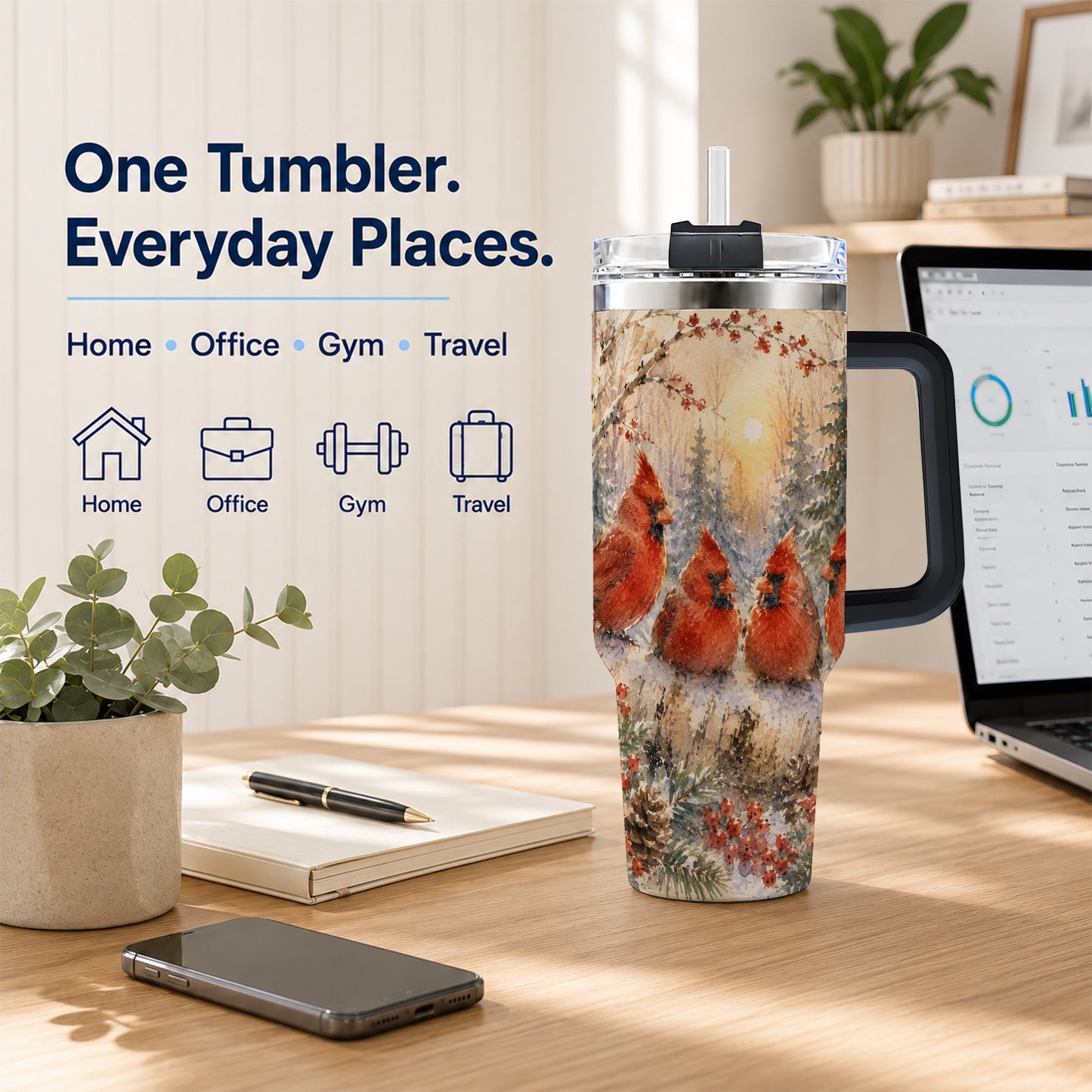 #pl[40oz|Black] Winter Cardinal 40oz Tumbler with Handle, Red Bird Travel Cup