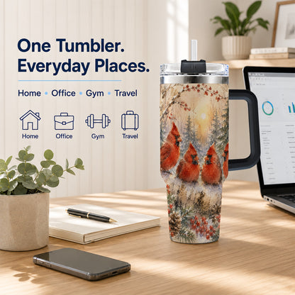 #pl[40oz|Black] Winter Cardinal 40oz Tumbler with Handle, Red Bird Travel Cup
