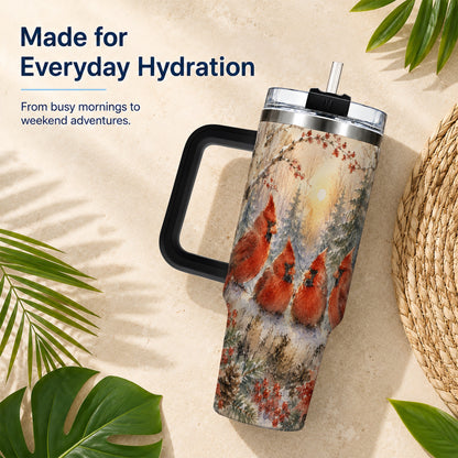 #pl[40oz|Black] Winter Cardinal 40oz Tumbler with Handle, Red Bird Travel Cup