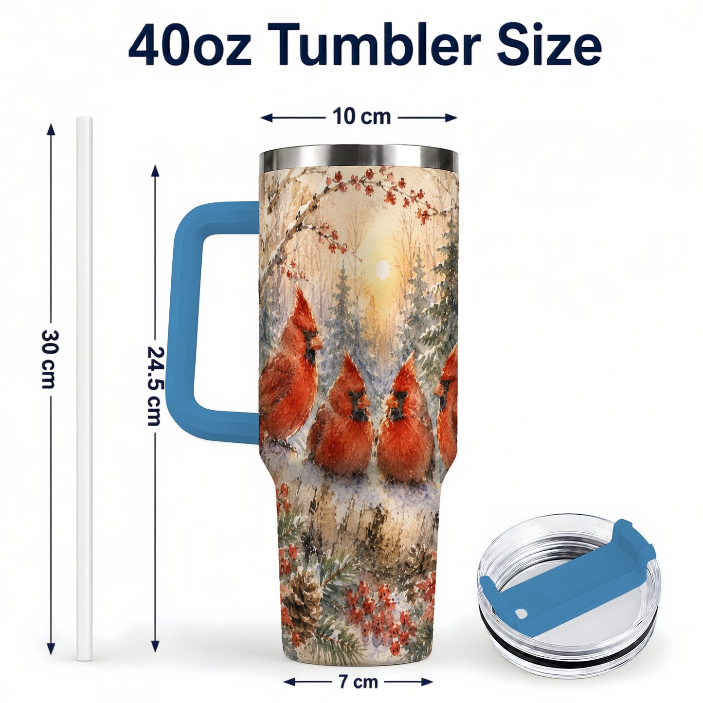 #pl[40oz|Blue] Winter Cardinal 40oz Tumbler with Handle, Red Bird Travel Cup