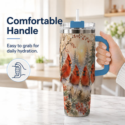 #pl[40oz|Blue] Winter Cardinal 40oz Tumbler with Handle, Red Bird Travel Cup