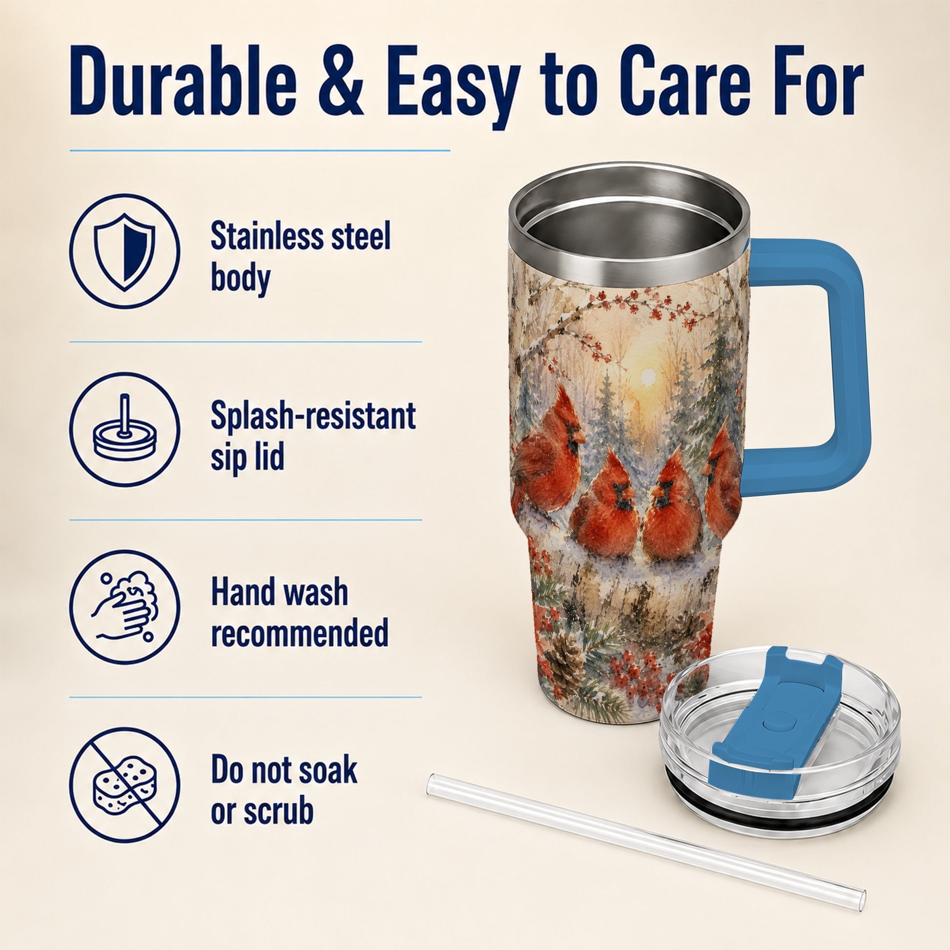 #pl[40oz|Blue] Winter Cardinal 40oz Tumbler with Handle, Red Bird Travel Cup