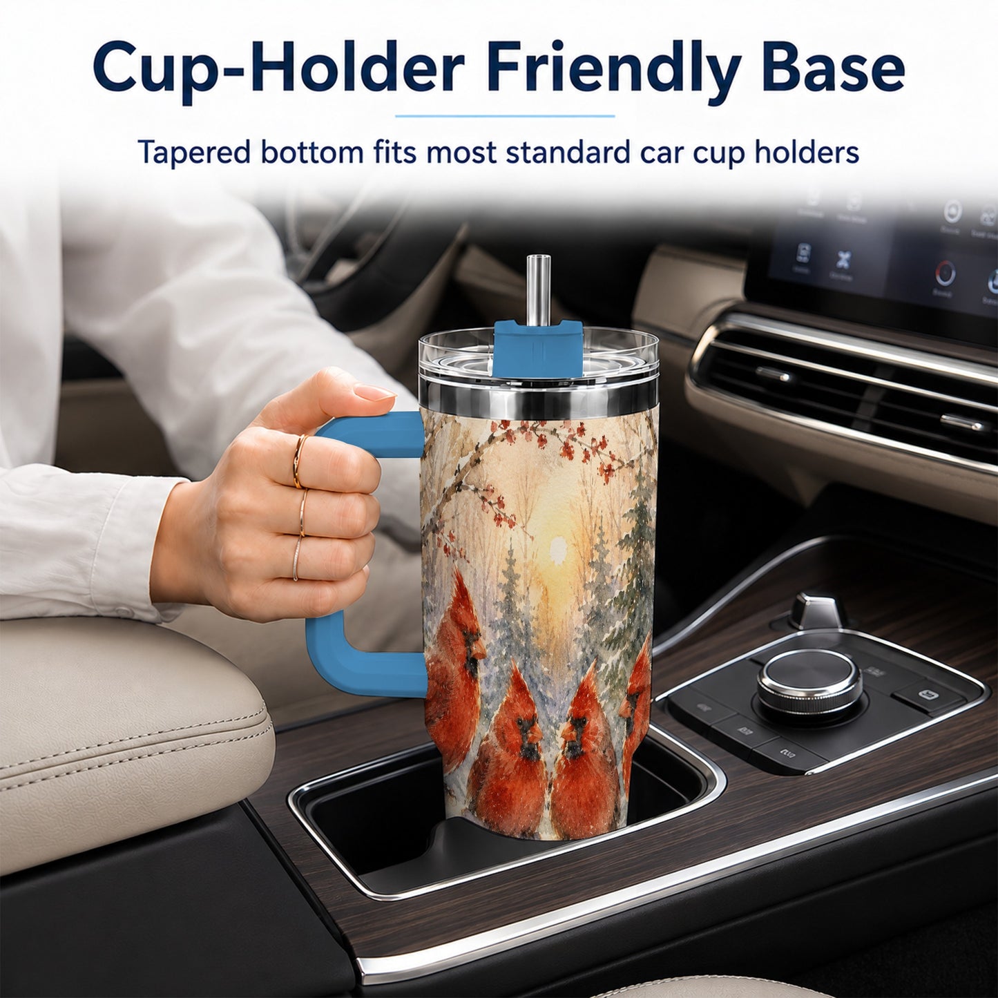 #pl[40oz|Blue] Winter Cardinal 40oz Tumbler with Handle, Red Bird Travel Cup