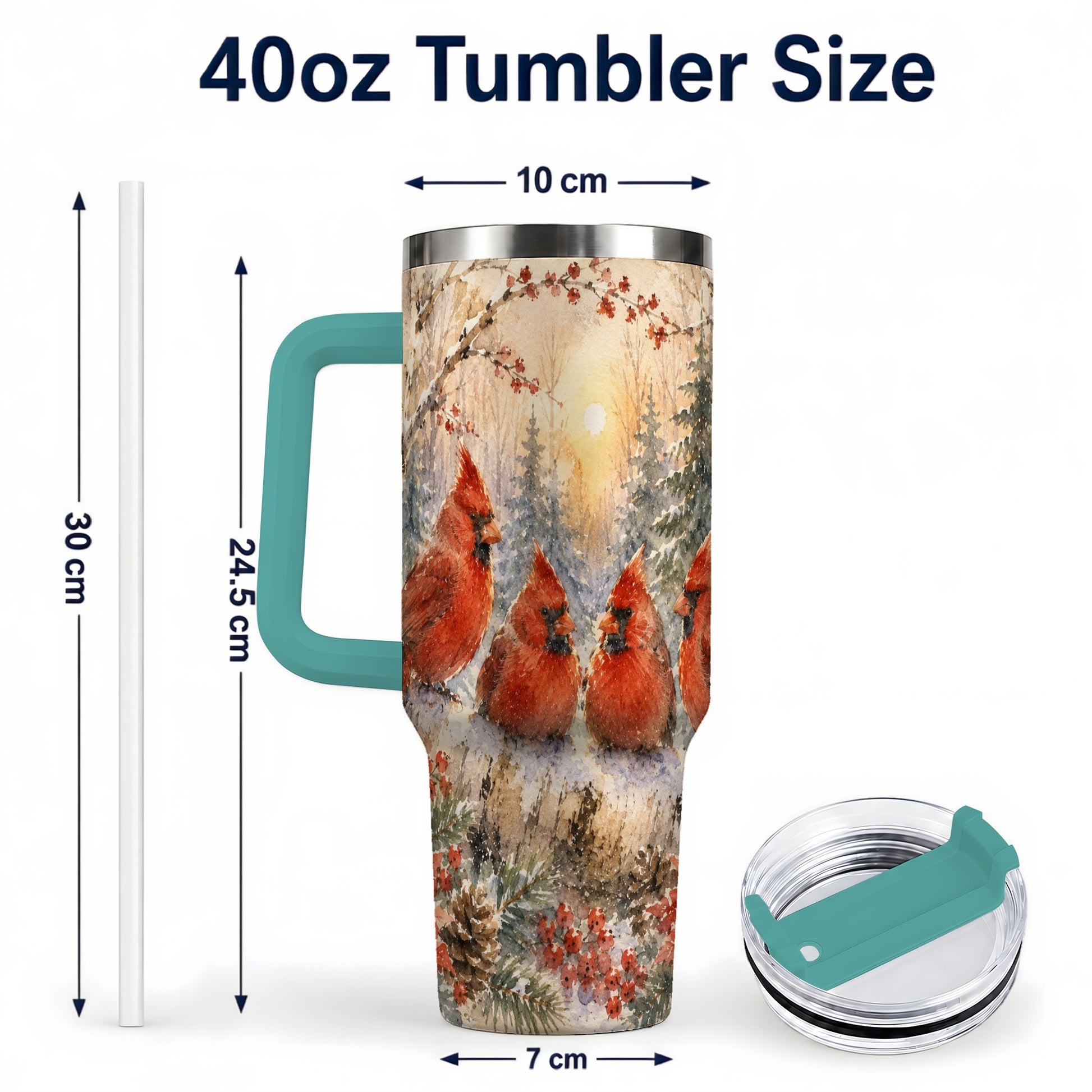 #pl[40oz|Green] Winter Cardinal 40oz Tumbler with Handle, Red Bird Travel Cup