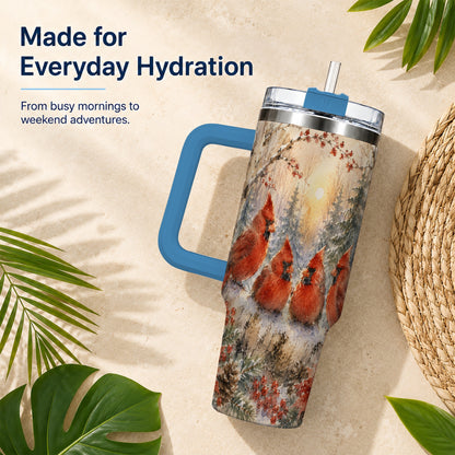 #pl[40oz|Blue] Winter Cardinal 40oz Tumbler with Handle, Red Bird Travel Cup