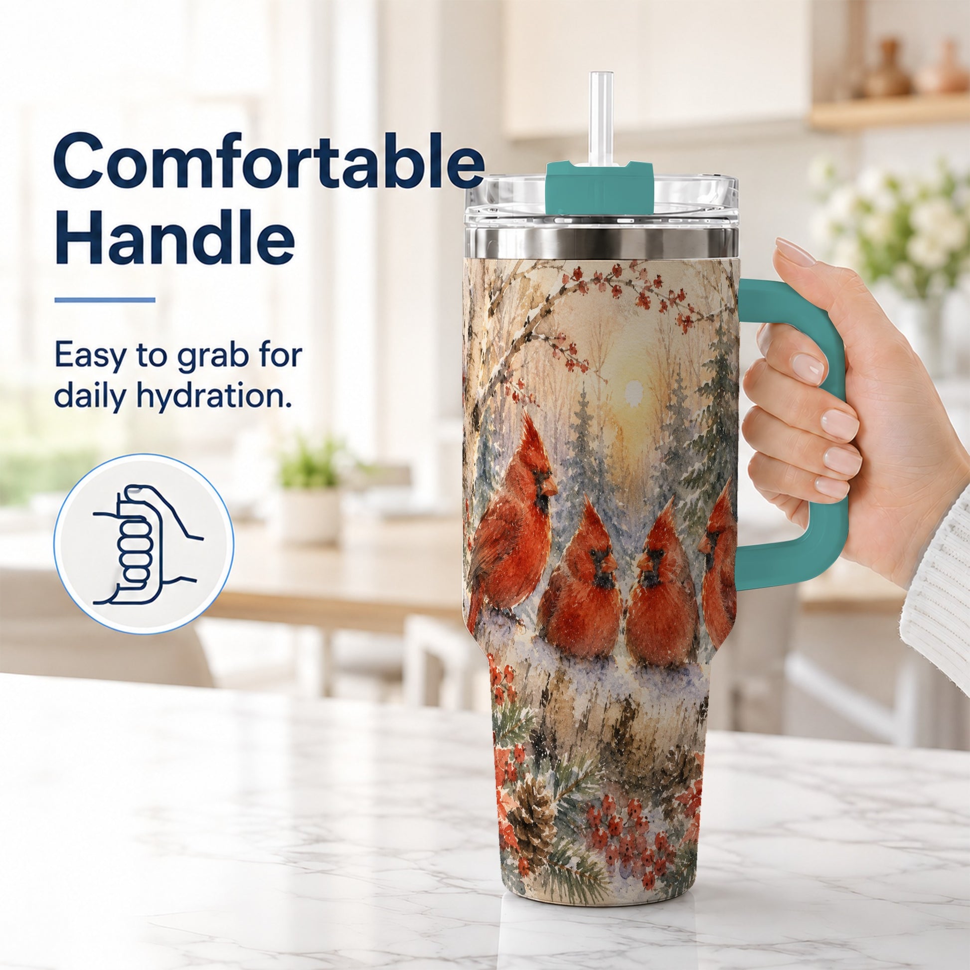 #pl[40oz|Green] Winter Cardinal 40oz Tumbler with Handle, Red Bird Travel Cup