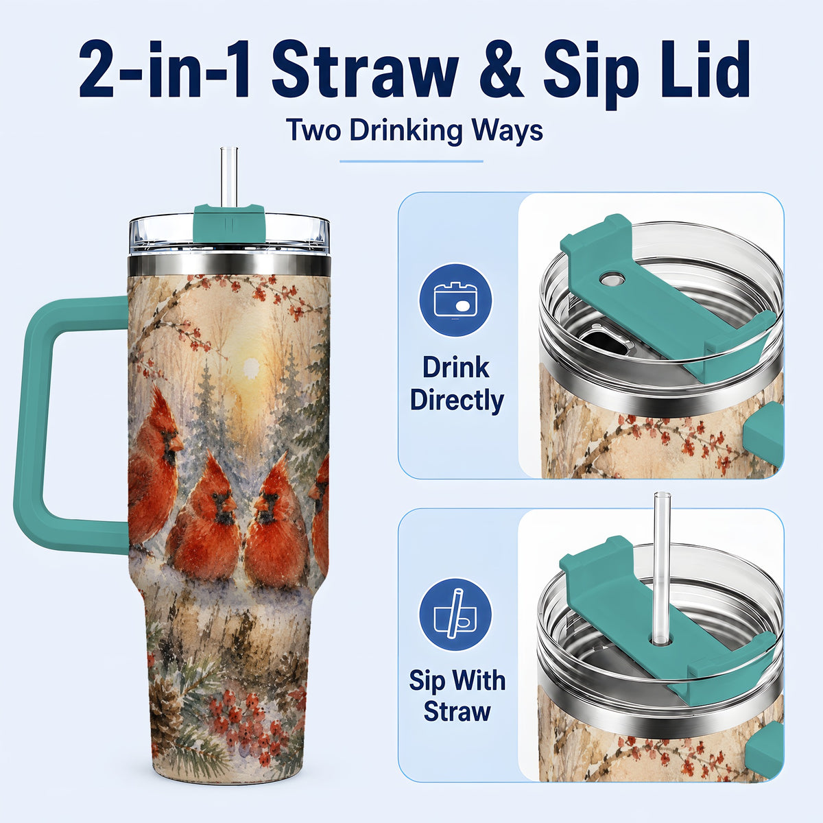 #pl[40oz|Green] Winter Cardinal 40oz Tumbler with Handle, Red Bird Travel Cup