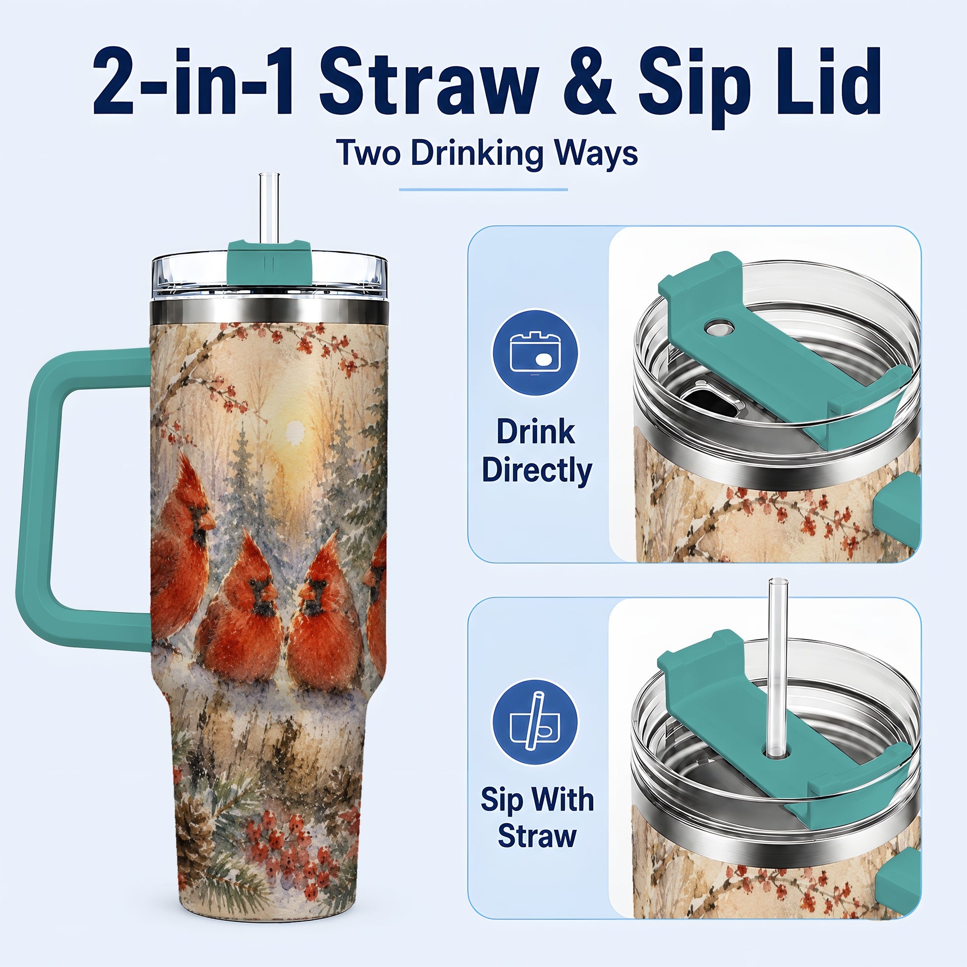 #pl[40oz|Green] Winter Cardinal 40oz Tumbler with Handle, Red Bird Travel Cup