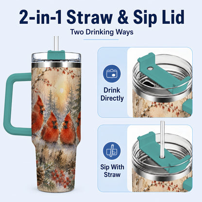 #pl[40oz|Green] Winter Cardinal 40oz Tumbler with Handle, Red Bird Travel Cup