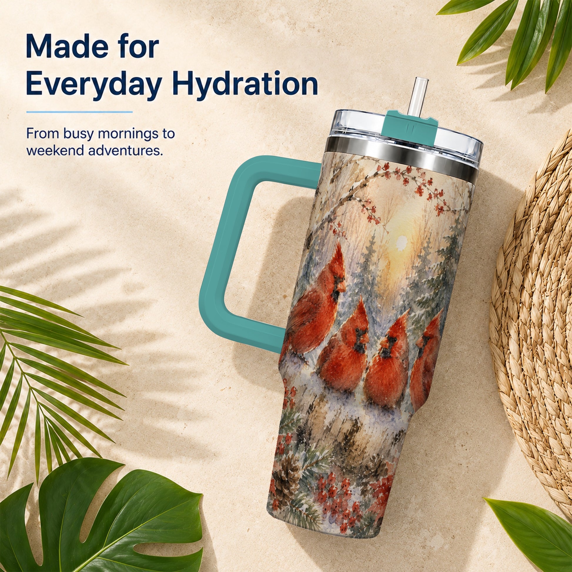 #pl[40oz|Green] Winter Cardinal 40oz Tumbler with Handle, Red Bird Travel Cup