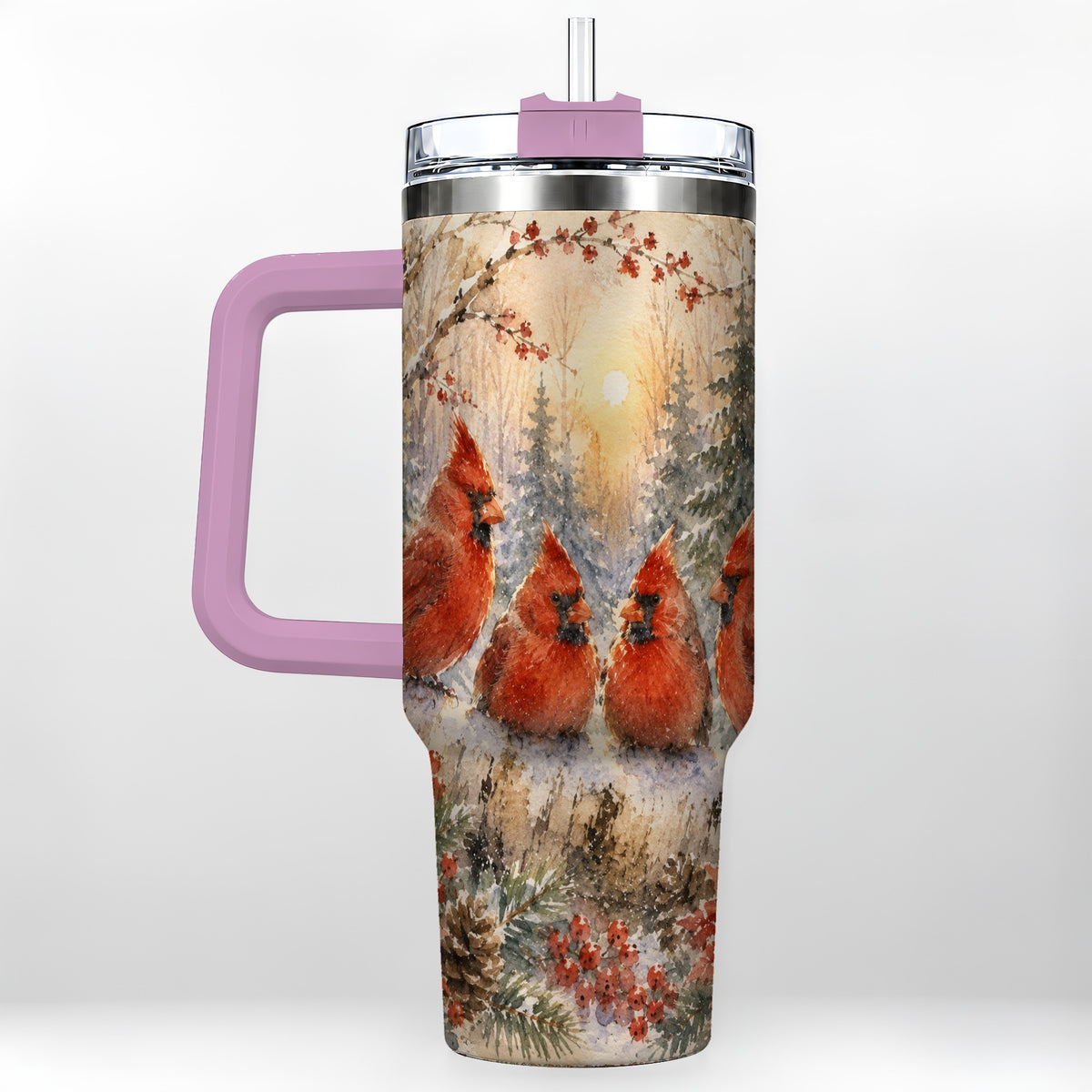 #pl[40oz|Pink] Winter Cardinal 40oz Tumbler with Handle, Red Bird Travel Cup