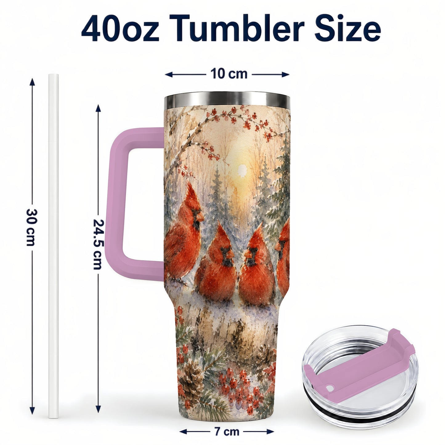 #pl[40oz|Pink] Winter Cardinal 40oz Tumbler with Handle, Red Bird Travel Cup