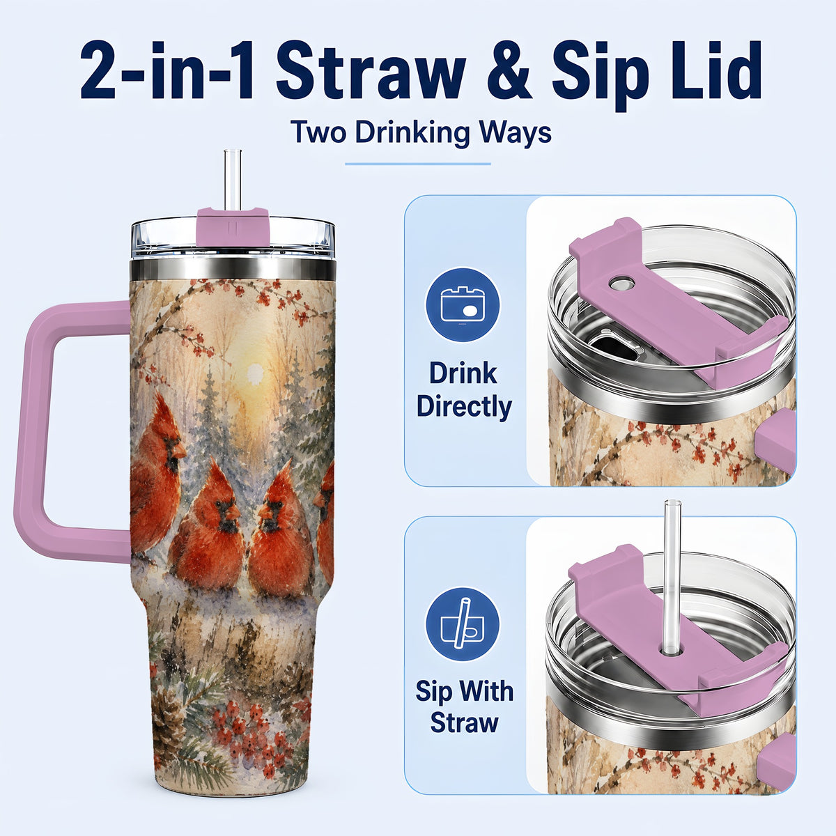 #pl[40oz|Pink] Winter Cardinal 40oz Tumbler with Handle, Red Bird Travel Cup
