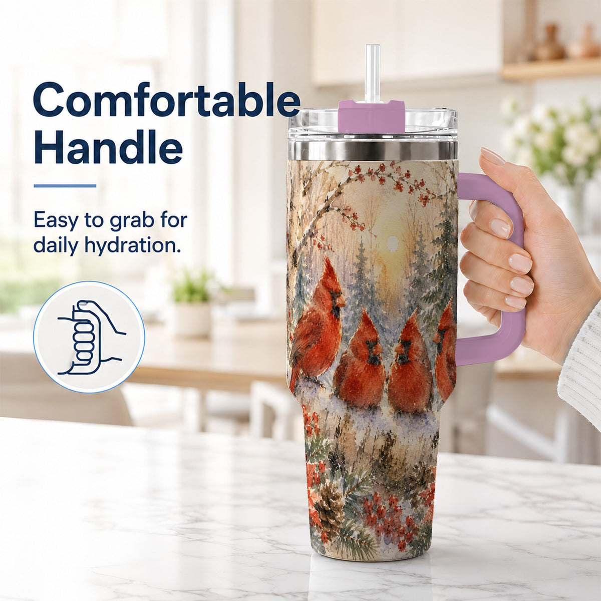 #pl[40oz|Pink] Winter Cardinal 40oz Tumbler with Handle, Red Bird Travel Cup