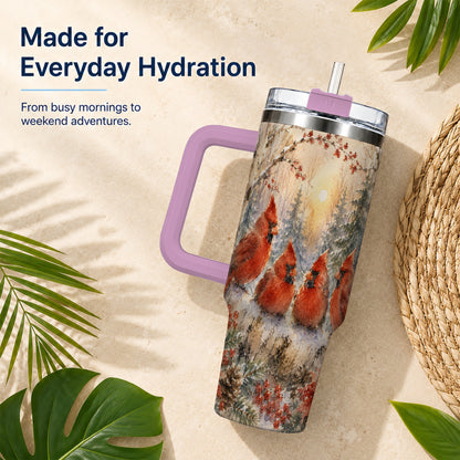 #pl[40oz|Pink] Winter Cardinal 40oz Tumbler with Handle, Red Bird Travel Cup