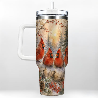 Winter Cardinal 40oz Tumbler with Handle, Red Bird Travel Cup
